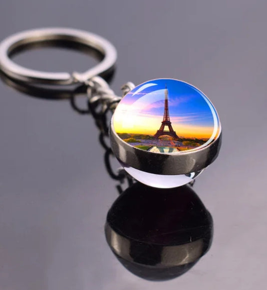 Eiffel tower glass ball keychain