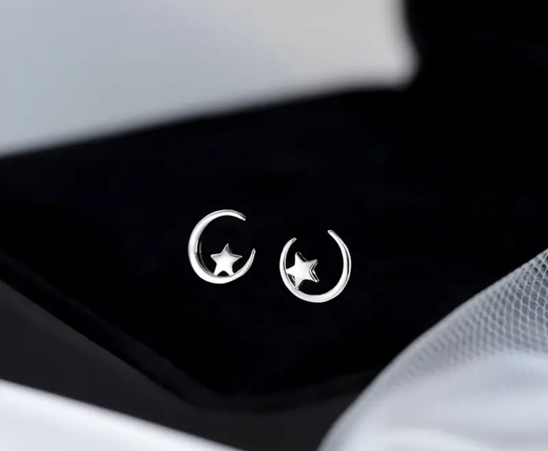 Silvery Star Moon Stud Earrings