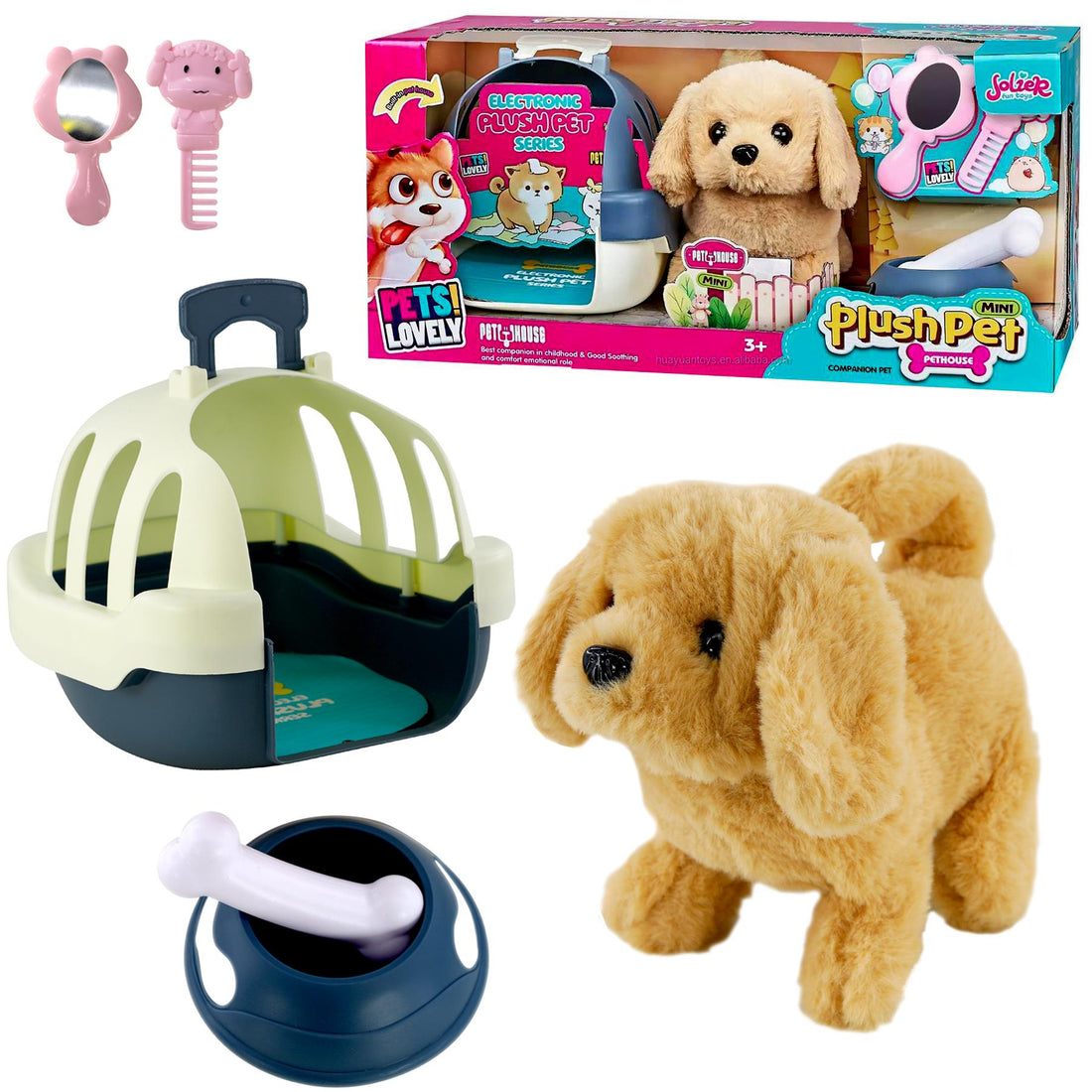 Electronic plush dog carrier set