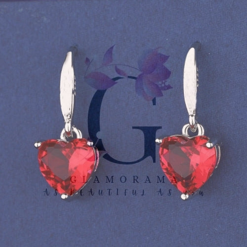 Red Crystal Heart Hoop Dangle Earrings